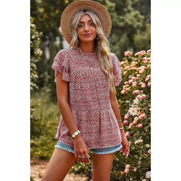 imagePRETTYGARDEN Womens Casual Summer Tops Ruffle Short Sleeve Mock Neck Fashion Floral Chiffon Blouse ShirtsWine Red