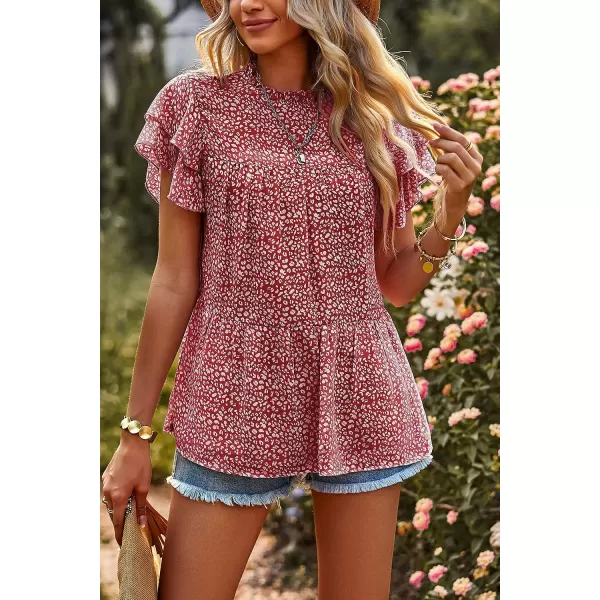 imagePRETTYGARDEN Womens Casual Summer Tops Ruffle Short Sleeve Mock Neck Fashion Floral Chiffon Blouse ShirtsWine Red