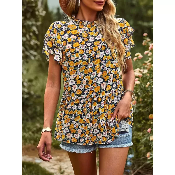 imagePRETTYGARDEN Womens Casual Summer Tops Ruffle Short Sleeve Mock Neck Fashion Floral Chiffon Blouse ShirtsYellow