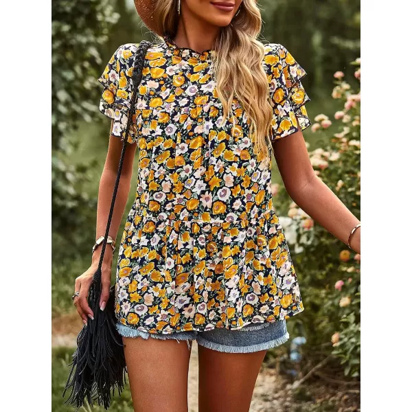 imagePRETTYGARDEN Womens Casual Summer Tops Ruffle Short Sleeve Mock Neck Fashion Floral Chiffon Blouse ShirtsYellow