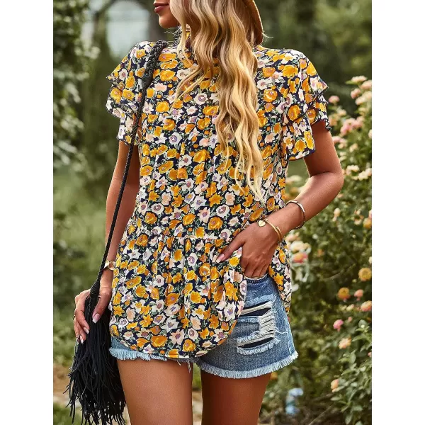 imagePRETTYGARDEN Womens Casual Summer Tops Ruffle Short Sleeve Mock Neck Fashion Floral Chiffon Blouse ShirtsYellow