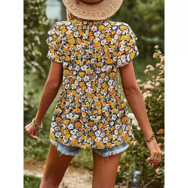 imagePRETTYGARDEN Womens Casual Summer Tops Ruffle Short Sleeve Mock Neck Fashion Floral Chiffon Blouse ShirtsYellow