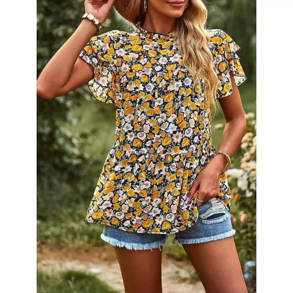imagePRETTYGARDEN Womens Casual Summer Tops Ruffle Short Sleeve Mock Neck Fashion Floral Chiffon Blouse ShirtsYellow