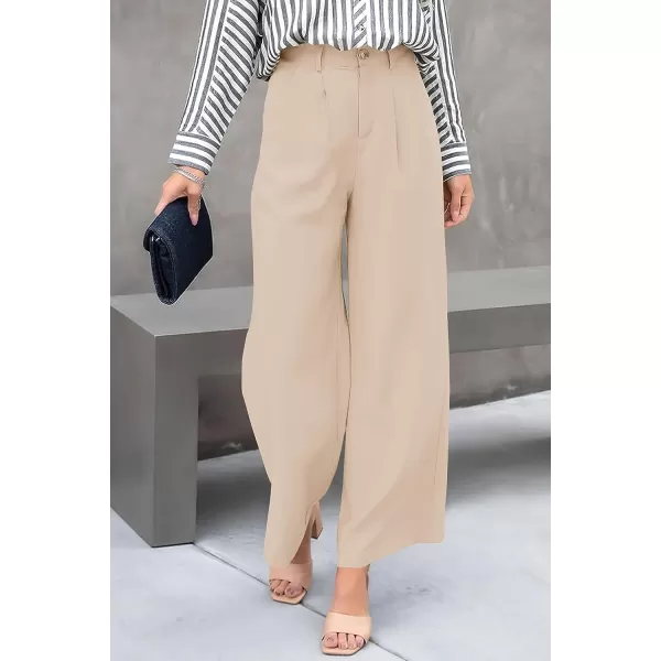 imagePRETTYGARDEN Womens Casual Summer Work Pants High Waisted Palazzo Pant Flowy Wide Leg Trousers with PocketsApricot