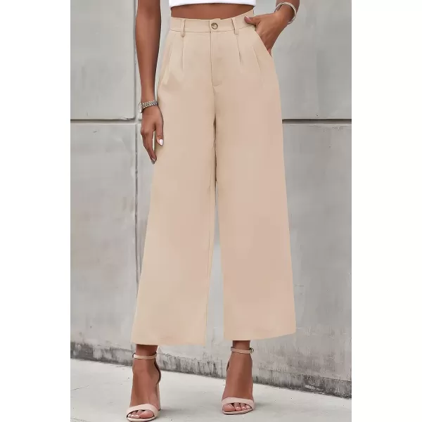 imagePRETTYGARDEN Womens Casual Summer Work Pants High Waisted Palazzo Pant Flowy Wide Leg Trousers with PocketsApricot