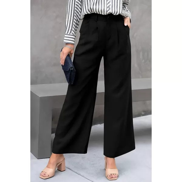 imagePRETTYGARDEN Womens Casual Summer Work Pants High Waisted Palazzo Pant Flowy Wide Leg Trousers with PocketsBlack