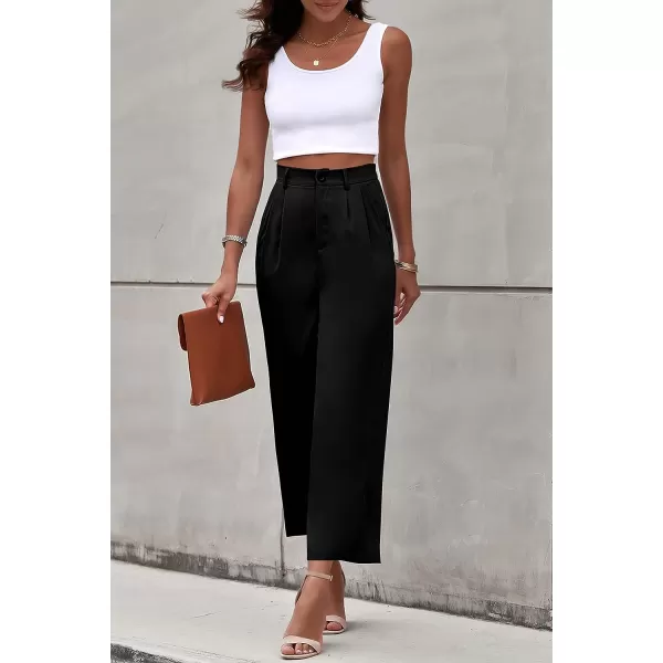 imagePRETTYGARDEN Womens Casual Summer Work Pants High Waisted Palazzo Pant Flowy Wide Leg Trousers with PocketsBlack