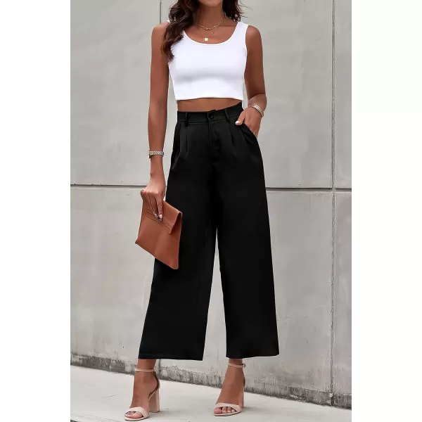 imagePRETTYGARDEN Womens Casual Summer Work Pants High Waisted Palazzo Pant Flowy Wide Leg Trousers with PocketsBlack