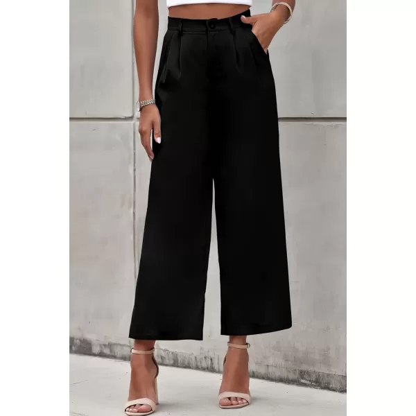 imagePRETTYGARDEN Womens Casual Summer Work Pants High Waisted Palazzo Pant Flowy Wide Leg Trousers with PocketsBlack