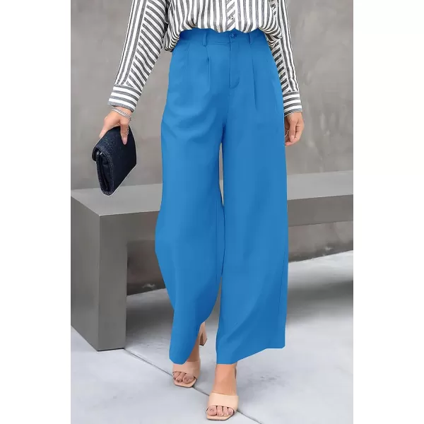 imagePRETTYGARDEN Womens Casual Summer Work Pants High Waisted Palazzo Pant Flowy Wide Leg Trousers with PocketsBlue