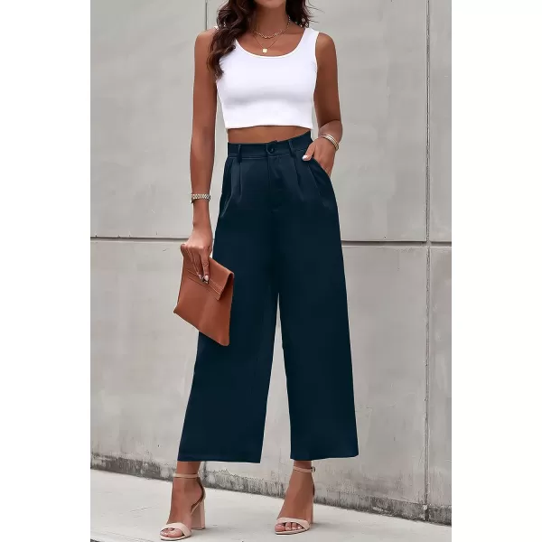 imagePRETTYGARDEN Womens Casual Summer Work Pants High Waisted Palazzo Pant Flowy Wide Leg Trousers with PocketsNavy