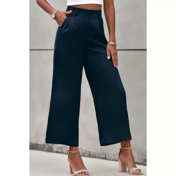 imagePRETTYGARDEN Womens Casual Summer Work Pants High Waisted Palazzo Pant Flowy Wide Leg Trousers with PocketsNavy