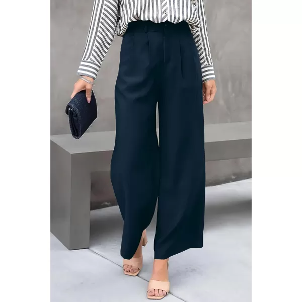 imagePRETTYGARDEN Womens Casual Summer Work Pants High Waisted Palazzo Pant Flowy Wide Leg Trousers with PocketsNavy
