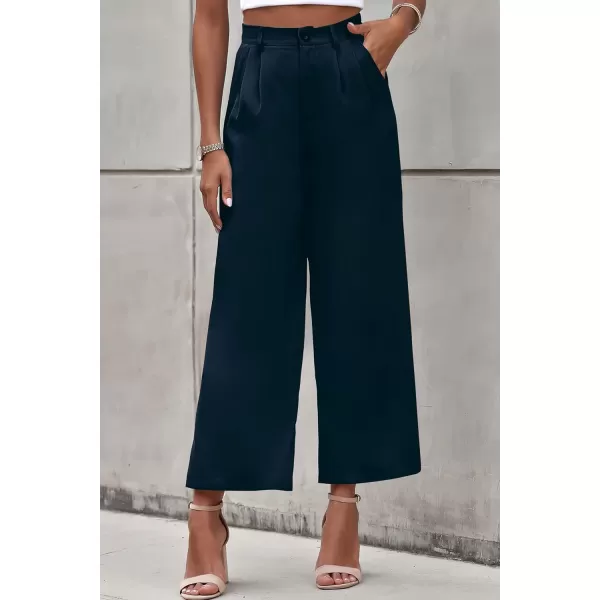 imagePRETTYGARDEN Womens Casual Summer Work Pants High Waisted Palazzo Pant Flowy Wide Leg Trousers with PocketsNavy