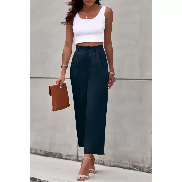 imagePRETTYGARDEN Womens Casual Summer Work Pants High Waisted Palazzo Pant Flowy Wide Leg Trousers with PocketsNavy