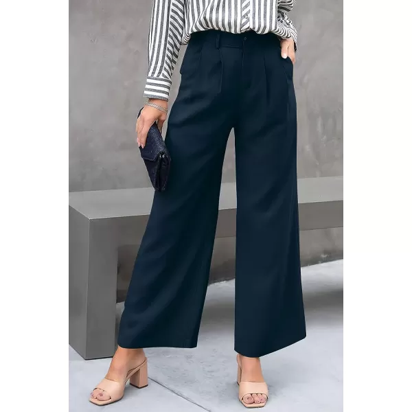 imagePRETTYGARDEN Womens Casual Summer Work Pants High Waisted Palazzo Pant Flowy Wide Leg Trousers with PocketsNavy