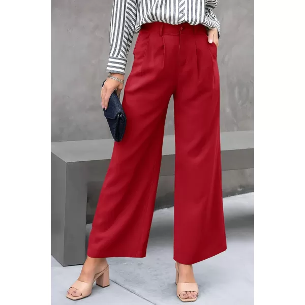imagePRETTYGARDEN Womens Casual Summer Work Pants High Waisted Palazzo Pant Flowy Wide Leg Trousers with PocketsRed