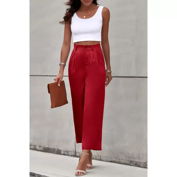 imagePRETTYGARDEN Womens Casual Summer Work Pants High Waisted Palazzo Pant Flowy Wide Leg Trousers with PocketsRed