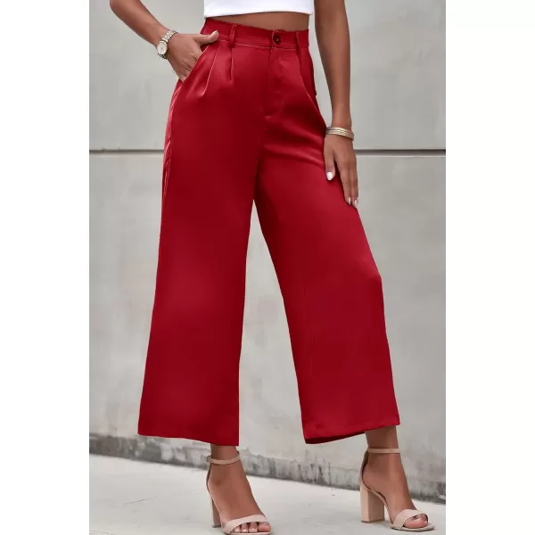 imagePRETTYGARDEN Womens Casual Summer Work Pants High Waisted Palazzo Pant Flowy Wide Leg Trousers with PocketsRed
