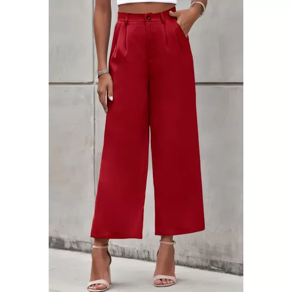 imagePRETTYGARDEN Womens Casual Summer Work Pants High Waisted Palazzo Pant Flowy Wide Leg Trousers with PocketsRed