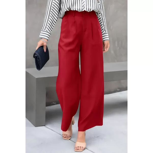 imagePRETTYGARDEN Womens Casual Summer Work Pants High Waisted Palazzo Pant Flowy Wide Leg Trousers with PocketsRed