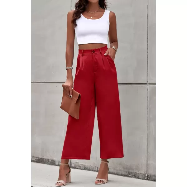 imagePRETTYGARDEN Womens Casual Summer Work Pants High Waisted Palazzo Pant Flowy Wide Leg Trousers with PocketsRed