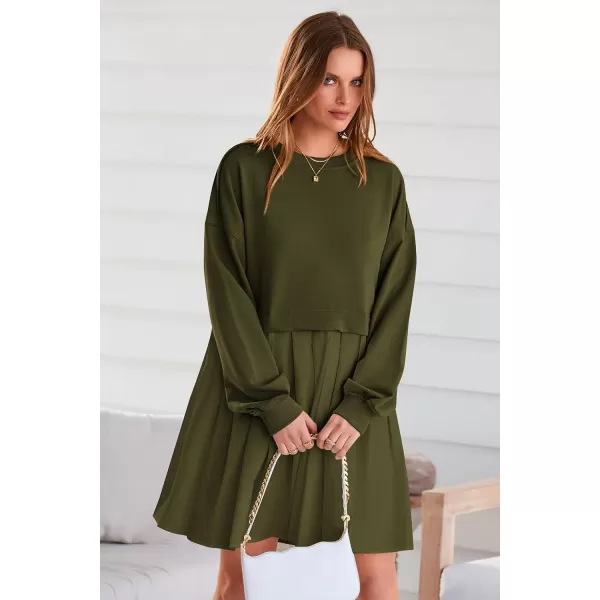 imagePRETTYGARDEN Womens Casual Sweatshirt Dress Long Sleeve Patchwork Pullover Tops Pleated Mini DressesArmy Green