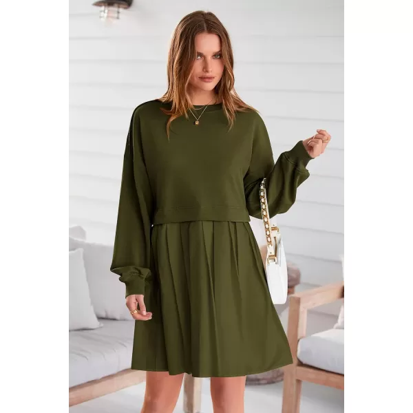 imagePRETTYGARDEN Womens Casual Sweatshirt Dress Long Sleeve Patchwork Pullover Tops Pleated Mini DressesArmy Green