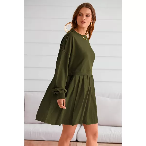 imagePRETTYGARDEN Womens Casual Sweatshirt Dress Long Sleeve Patchwork Pullover Tops Pleated Mini DressesArmy Green