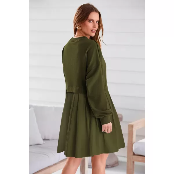 imagePRETTYGARDEN Womens Casual Sweatshirt Dress Long Sleeve Patchwork Pullover Tops Pleated Mini DressesArmy Green
