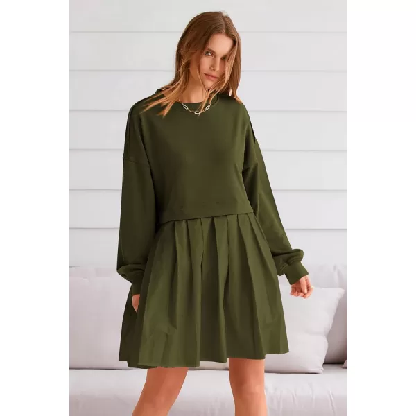 imagePRETTYGARDEN Womens Casual Sweatshirt Dress Long Sleeve Patchwork Pullover Tops Pleated Mini DressesArmy Green