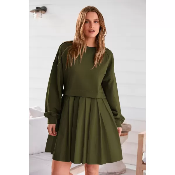 imagePRETTYGARDEN Womens Casual Sweatshirt Dress Long Sleeve Patchwork Pullover Tops Pleated Mini DressesArmy Green