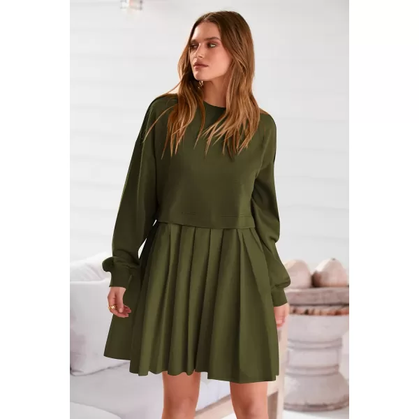 imagePRETTYGARDEN Womens Casual Sweatshirt Dress Long Sleeve Patchwork Pullover Tops Pleated Mini DressesArmy Green