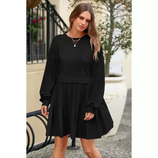 imagePRETTYGARDEN Womens Casual Sweatshirt Dress Long Sleeve Patchwork Pullover Tops Pleated Mini DressesBlack