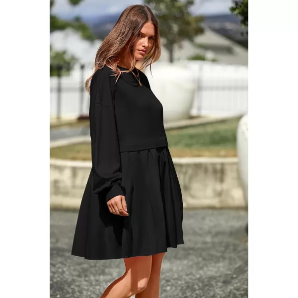 imagePRETTYGARDEN Womens Casual Sweatshirt Dress Long Sleeve Patchwork Pullover Tops Pleated Mini DressesBlack