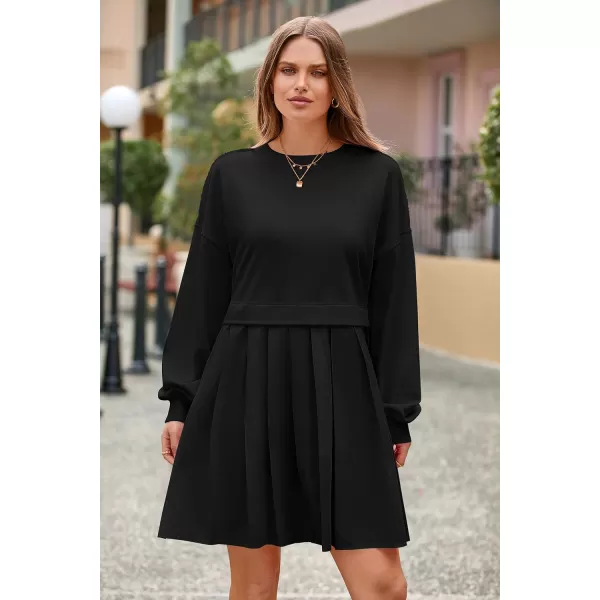 imagePRETTYGARDEN Womens Casual Sweatshirt Dress Long Sleeve Patchwork Pullover Tops Pleated Mini DressesBlack