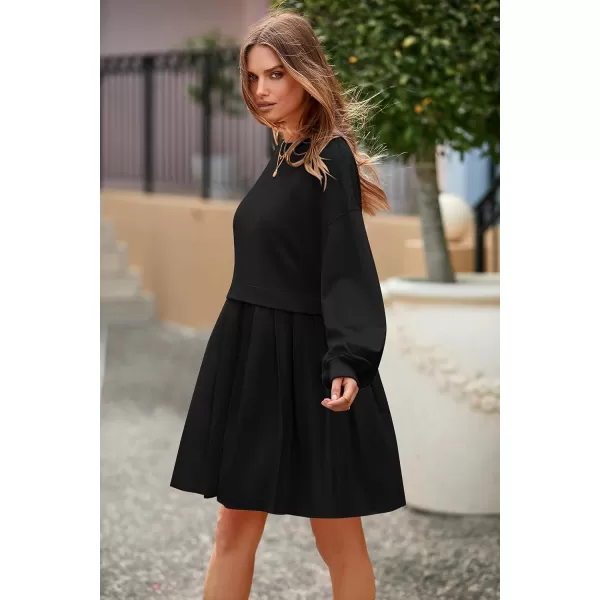 imagePRETTYGARDEN Womens Casual Sweatshirt Dress Long Sleeve Patchwork Pullover Tops Pleated Mini DressesBlack