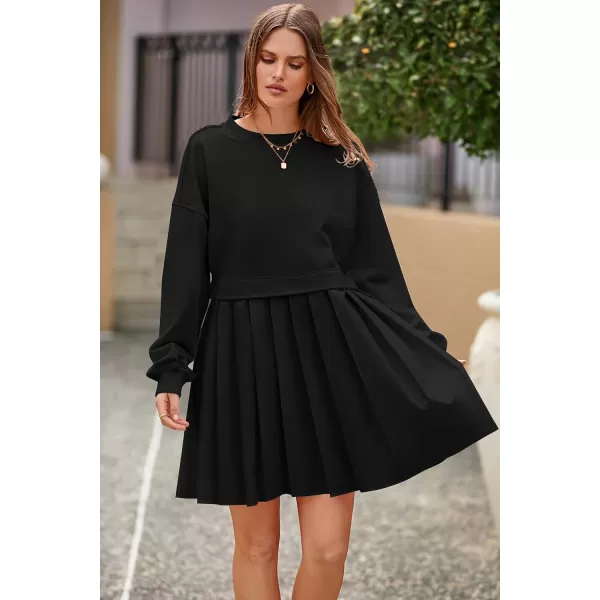 imagePRETTYGARDEN Womens Casual Sweatshirt Dress Long Sleeve Patchwork Pullover Tops Pleated Mini DressesBlack