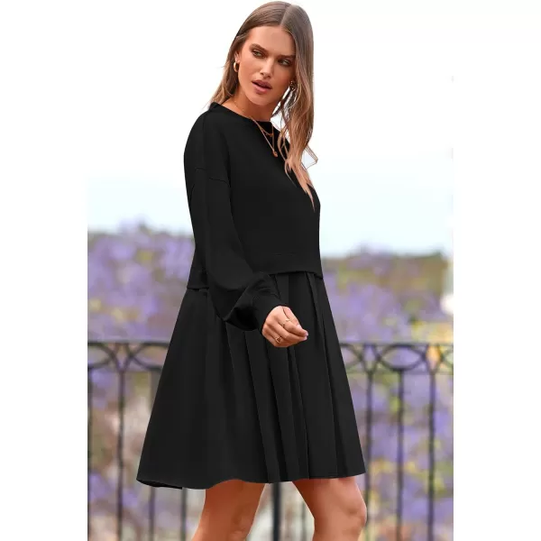 imagePRETTYGARDEN Womens Casual Sweatshirt Dress Long Sleeve Patchwork Pullover Tops Pleated Mini DressesBlack
