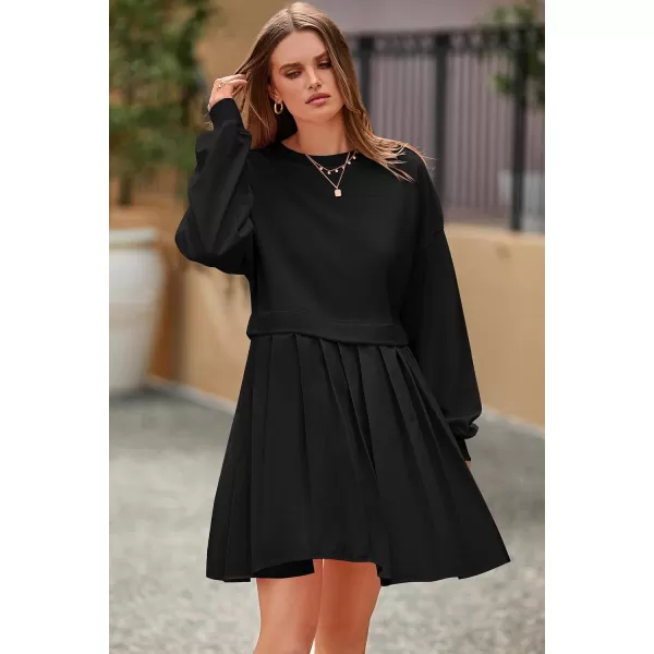 imagePRETTYGARDEN Womens Casual Sweatshirt Dress Long Sleeve Patchwork Pullover Tops Pleated Mini DressesBlack