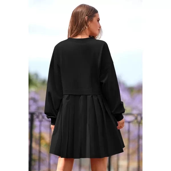imagePRETTYGARDEN Womens Casual Sweatshirt Dress Long Sleeve Patchwork Pullover Tops Pleated Mini DressesBlack