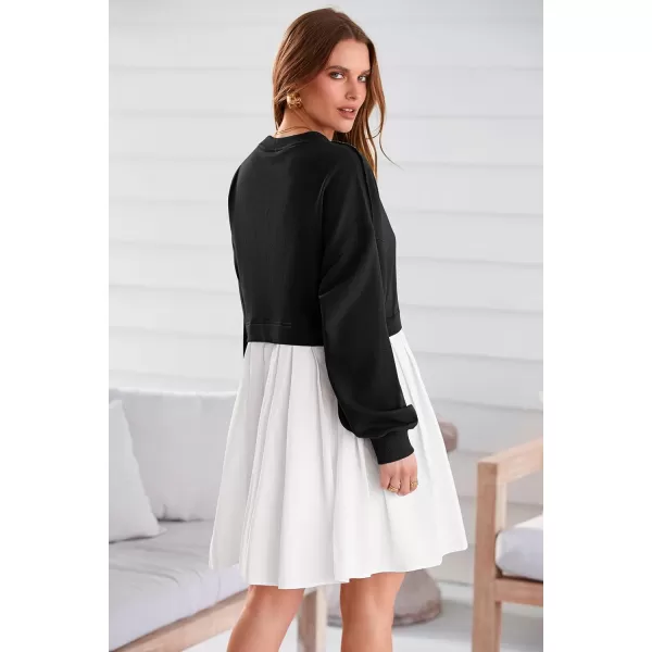 imagePRETTYGARDEN Womens Casual Sweatshirt Dress Long Sleeve Patchwork Pullover Tops Pleated Mini DressesBlack White