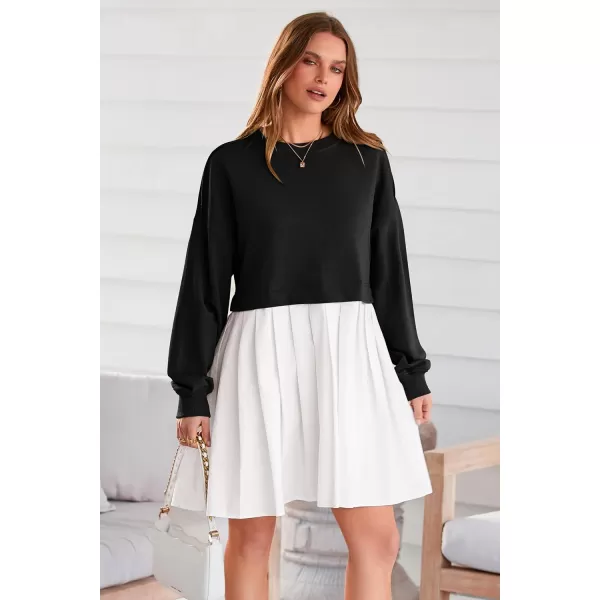 imagePRETTYGARDEN Womens Casual Sweatshirt Dress Long Sleeve Patchwork Pullover Tops Pleated Mini DressesBlack White