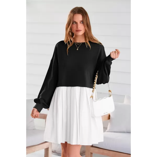 imagePRETTYGARDEN Womens Casual Sweatshirt Dress Long Sleeve Patchwork Pullover Tops Pleated Mini DressesBlack White