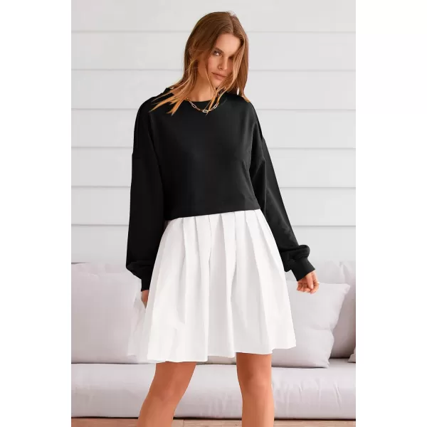 imagePRETTYGARDEN Womens Casual Sweatshirt Dress Long Sleeve Patchwork Pullover Tops Pleated Mini DressesBlack White