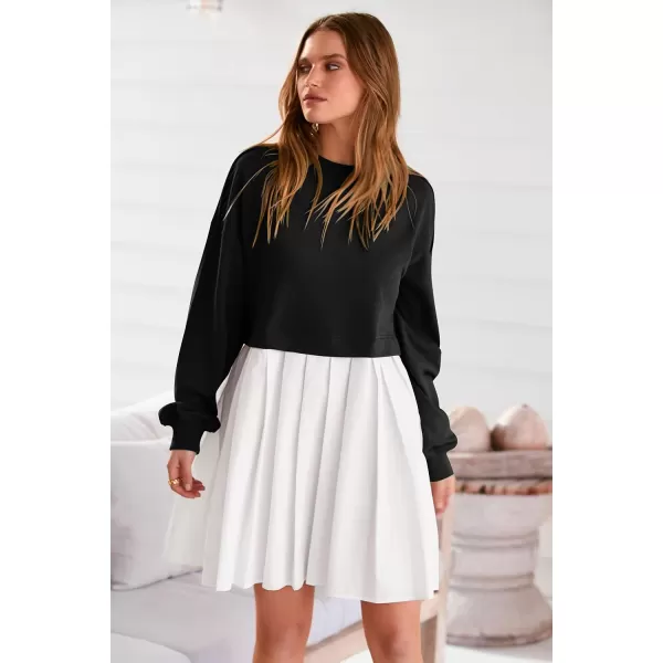 imagePRETTYGARDEN Womens Casual Sweatshirt Dress Long Sleeve Patchwork Pullover Tops Pleated Mini DressesBlack White