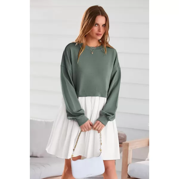 imagePRETTYGARDEN Womens Casual Sweatshirt Dress Long Sleeve Patchwork Pullover Tops Pleated Mini DressesGreen