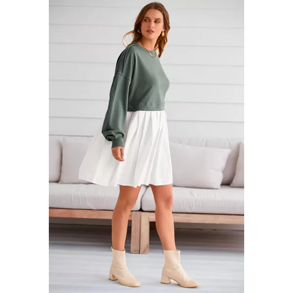 imagePRETTYGARDEN Womens Casual Sweatshirt Dress Long Sleeve Patchwork Pullover Tops Pleated Mini DressesGreen