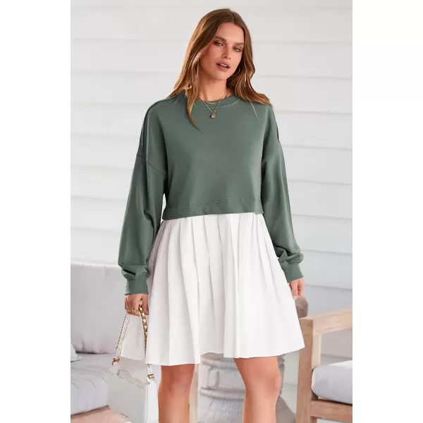 imagePRETTYGARDEN Womens Casual Sweatshirt Dress Long Sleeve Patchwork Pullover Tops Pleated Mini DressesGreen