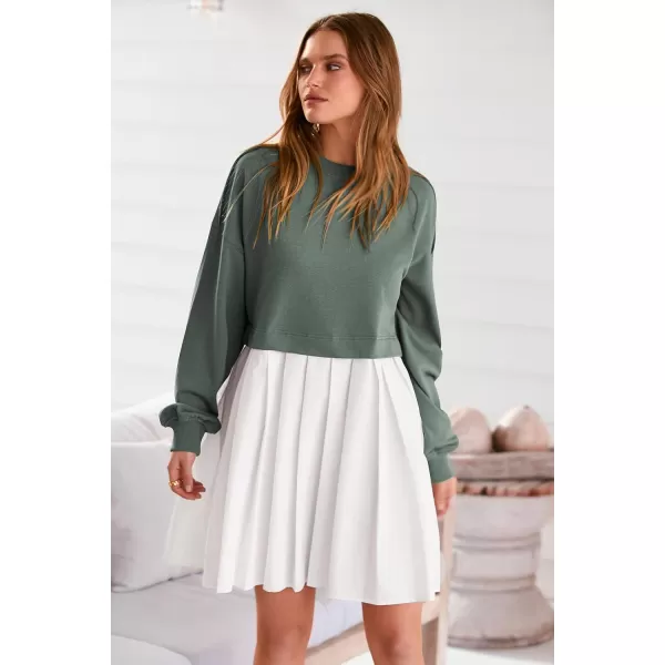 imagePRETTYGARDEN Womens Casual Sweatshirt Dress Long Sleeve Patchwork Pullover Tops Pleated Mini DressesGreen